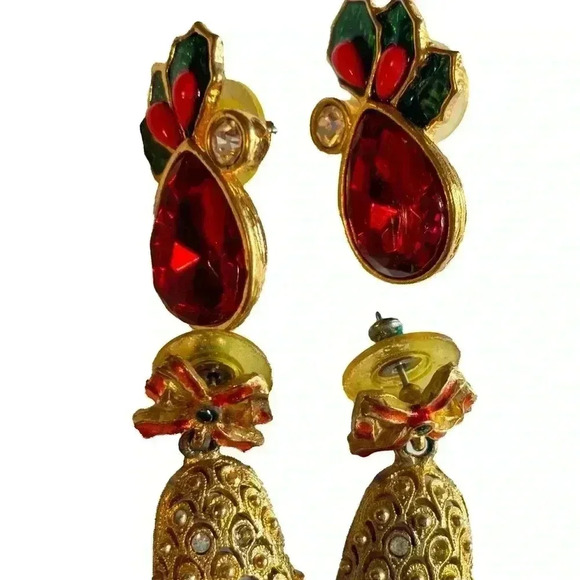 Jewelry - 2 pairs of Vintage Christmas Holly Red Rhinestone Earrings and Bell earrings.